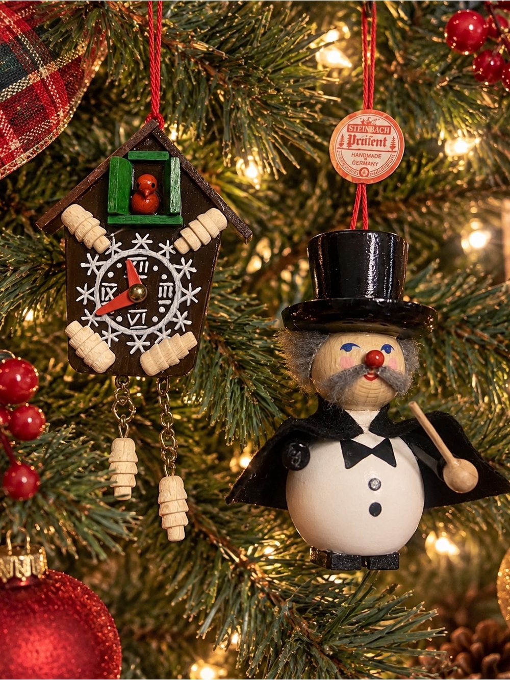 Vintage Steinbach Germany Christmas Ornaments Cuckoo Clock & Magician Set of 2